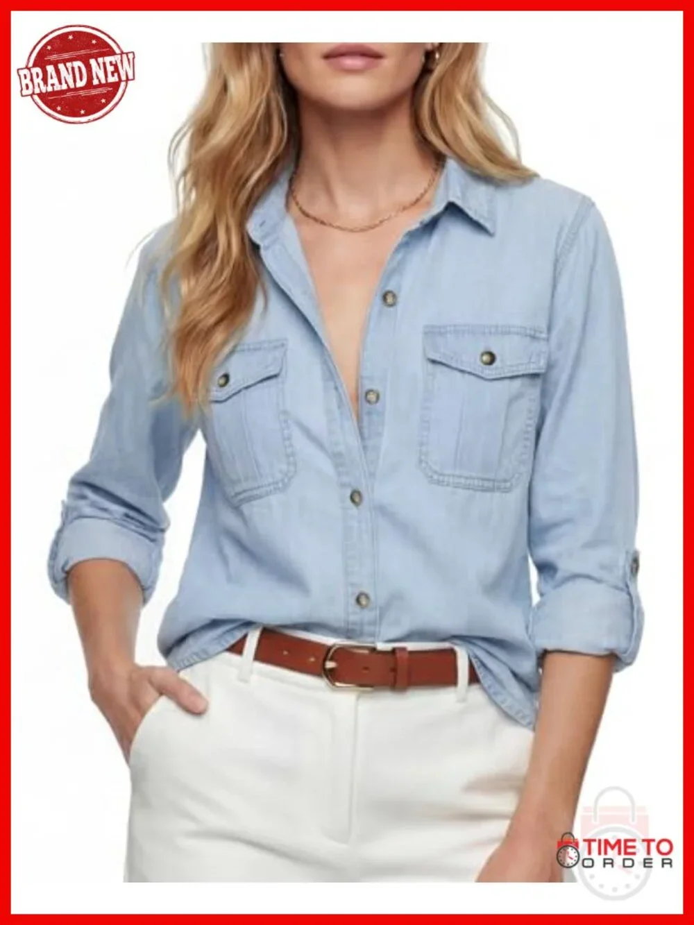 Women's Button Down Denim Shirt, Lightweight Cotton Long Sleeve Top with Pockets